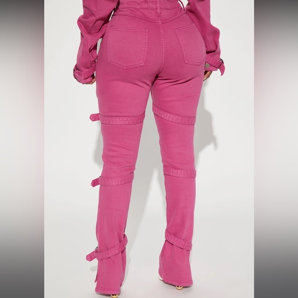 Lovefool Strappy Split Hem Straight Leg Jeans - Magenta - Picture 5 of 6